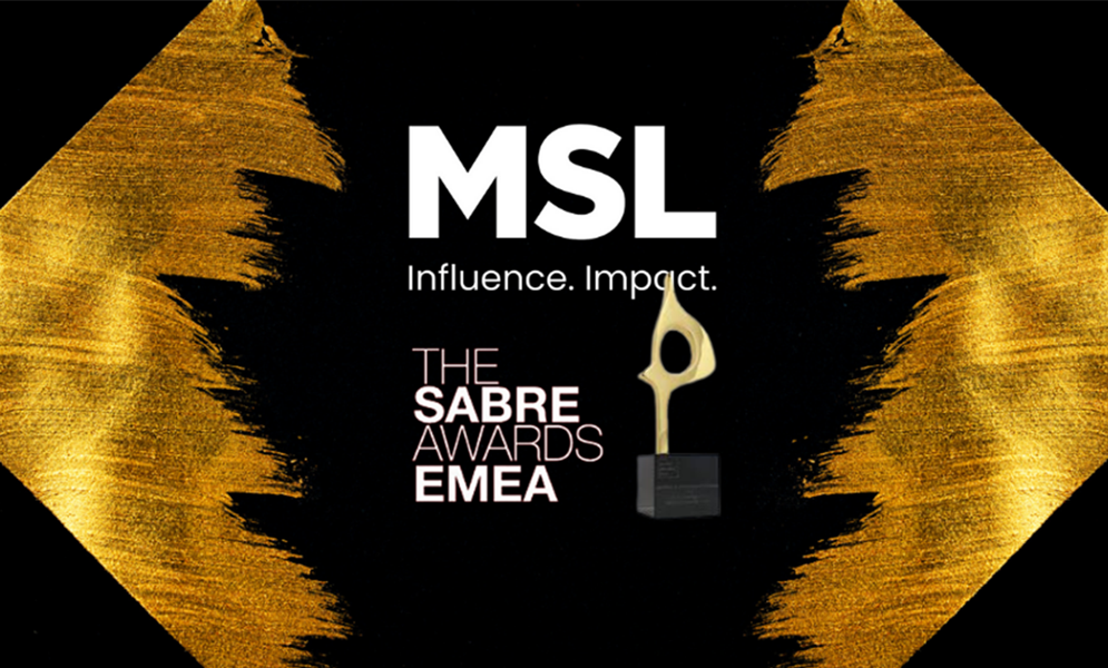 MSL Influence Impact logo with black background and gold design; The SABRE Awards EMEA logo with SABRE trophy